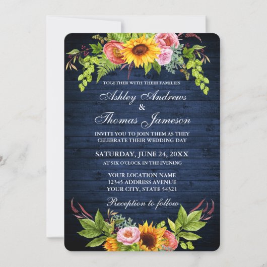 Rustic Blue Wood Sunflower Floral Wedding Kaart (Voorkant)
