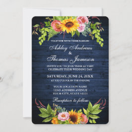 Rustic Blue Wood Sunflower Floral Wedding Kaart