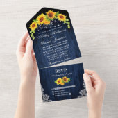Rustic Blue Wood Sunflower Lace Weddenschap All In One Uitnodiging (Afscheurbaar)