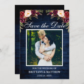 Rustic Blue Wood Waterverf Burgundy Floral Save The Date (Voorkant / Achterkant)