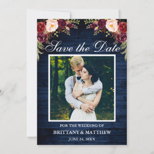 Rustic Blue Wood Waterverf Burgundy Floral Save The Date