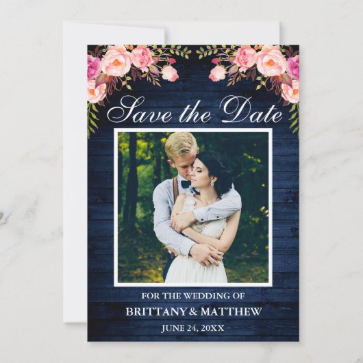Rustic Blue Wood Waterverf Roze Floral Foto Save The Date (Voorkant)