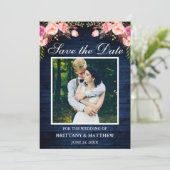 Rustic Blue Wood Waterverf Roze Floral Foto Save The Date (Staand voorkant)