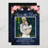 Rustic Blue Wood Waterverf Roze Floral Foto Save The Date (Voorkant / Achterkant)