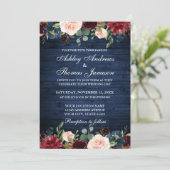 Rustic Blue Wood Wedding Floral Burgundy Blue Kaart (Staand voorkant)
