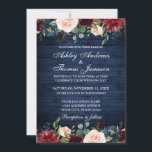 Rustic Blue Wood Wedding Floral Burgundy Blue Kaart<br><div class="desc">Rustic Wood Burgundy Blue Waterverf Floral Wedding Invitation</div>