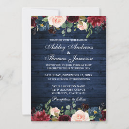 Rustic Blue Wood Wedding Floral Burgundy Blue Kaart