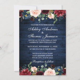Rustic Blue Wood Wedding Floral Burgundy Blue Kaart
