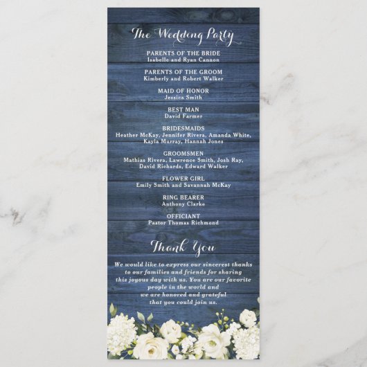 Rustic Blue Wood White Flowers Lace Wedding Programmakaart (Achterkant)