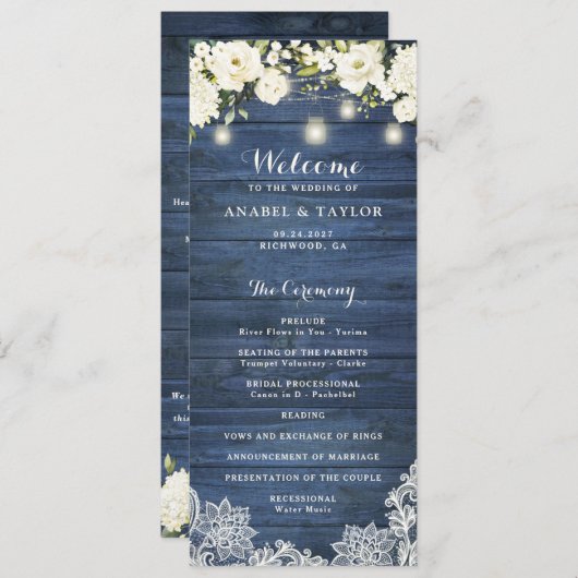 Rustic Blue Wood White Flowers Lace Wedding Programmakaart (Voorkant / Achterkant)