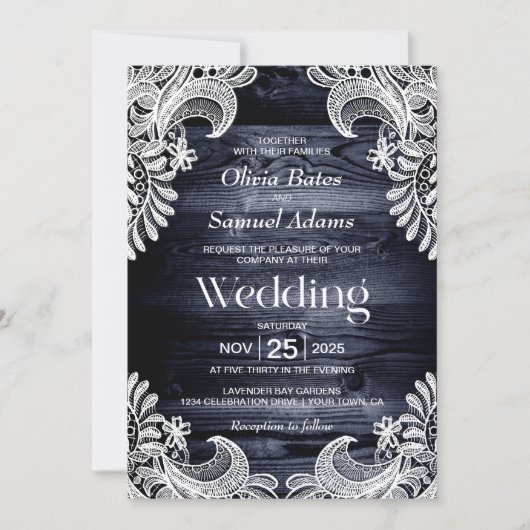 Rustic Blue Wood White Lace Wedding Kaart (Voorkant)