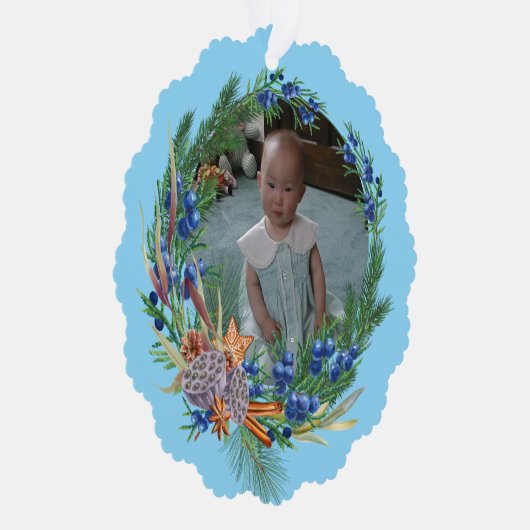 Rustic Blue Wreath - Uw foto - Gepersonaliseerd Ornament Kaart (Rechts)