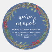 Rustic Blue Wreath We’ve Moved Address Ronde Sticker (Voorkant)