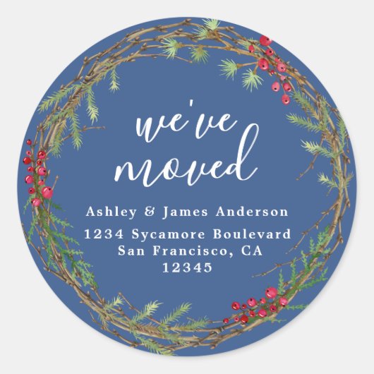 Rustic Blue Wreath We’ve Moved Address Ronde Sticker (Voorkant)