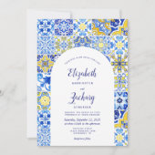 Rustic Blue Yellow Arch Portugese Tegel bruiloft Kaart (Voorkant)