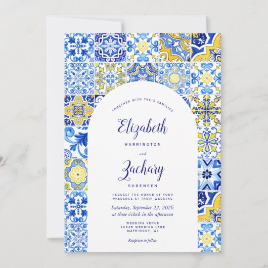 Rustic Blue Yellow Arch Portugese Tegel bruiloft Kaart (Voorkant)