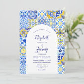 Rustic Blue Yellow Arch Portugese Tegel bruiloft Kaart (Staand voorkant)