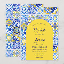 Rustic Blue Yellow Arch Portugese Tegel bruiloft Kaart