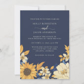 Rustic Blue Yellow Cream Sunflower Floral Weddensc Kaart (Voorkant)