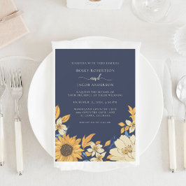 Rustic Blue Yellow Cream Sunflower Floral Weddensc Kaart