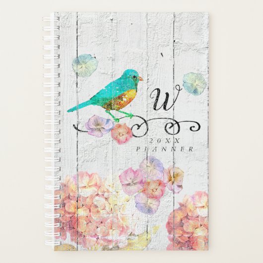Rustic Bluebird Pink Hydrangea Floral Monogram Planner (Voorkant)