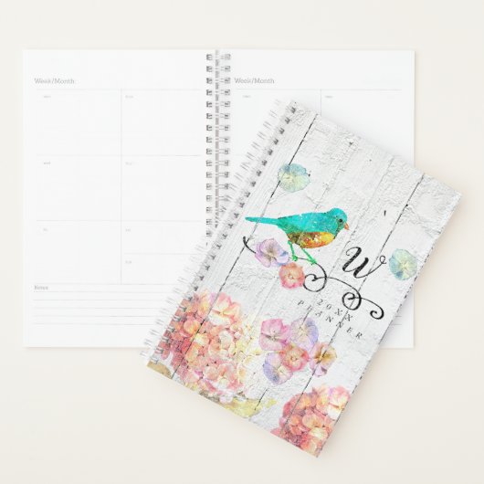 Rustic Bluebird Pink Hydrangea Floral Monogram Planner (Display)