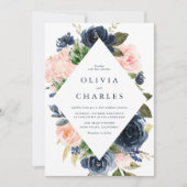 Rustic Blush and Navy Blue Floral Lijst Wedding Kaart (Voorkant)