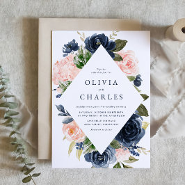 Rustic Blush and Navy Blue Floral Lijst Wedding Kaart