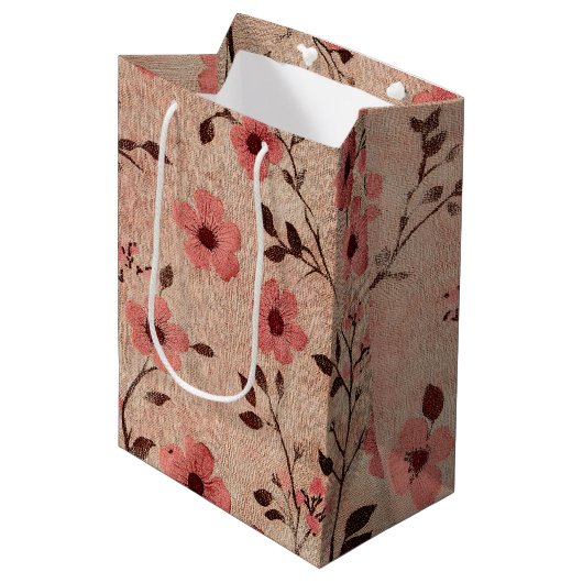 Rustic Blush Bloem Motief Linnen (4) Medium Cadeauzakje (Voorkant Gekanteld)