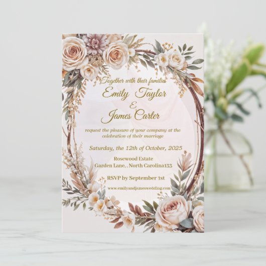 Rustic Blush Bloemen Huwelijksuitnodiging Kaart (Staand voorkant)