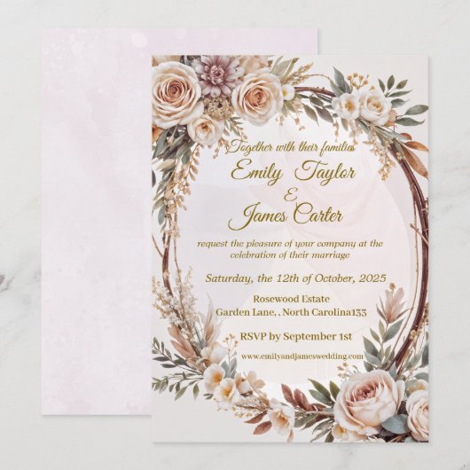 Rustic Blush Bloemen Huwelijksuitnodiging Kaart (Voorkant / Achterkant)