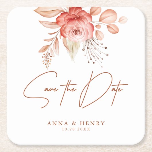 Rustic Blush Bloemen Romantische bruiloft Save the Kartonnen Onderzetters (Voorkant)