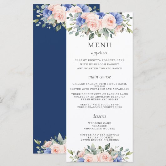 Rustic Blush Blue Floral Flowers Wedding Menu (Voorkant / Achterkant)