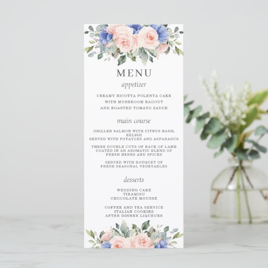 Rustic Blush Blue Floral Flowers Wedding Menu (Staand voorkant)