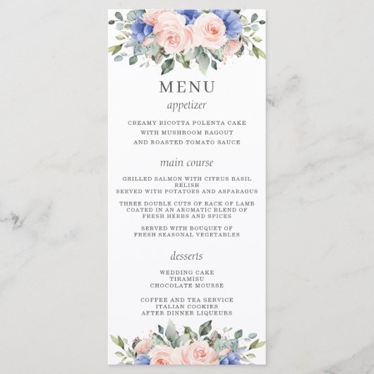 Rustic Blush Blue Floral Flowers Wedding Menu (Voorkant)