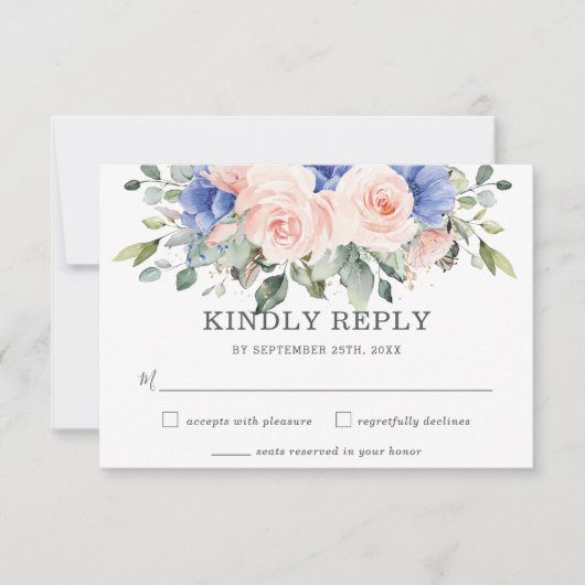 Rustic Blush Blue Floral Rozen Anemones Wedding RSVP Kaartje (Voorkant)
