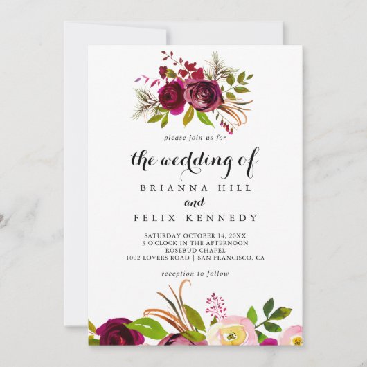 Rustic Blush Bourgogne Floral The Wedding of Kaart (Voorkant)