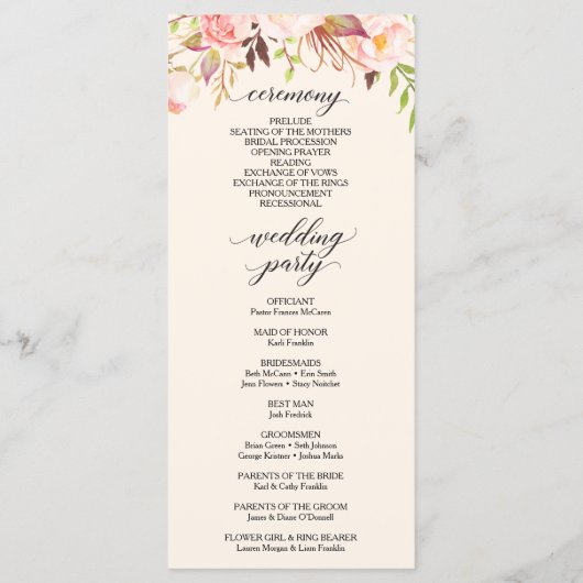 Rustic Blush Bourgondië huwelijksprogramma Programmakaart (Achterkant)