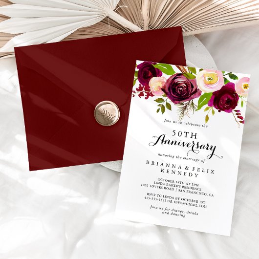 Rustic Blush Burgundy 50th Wedding Jubileum Kaart