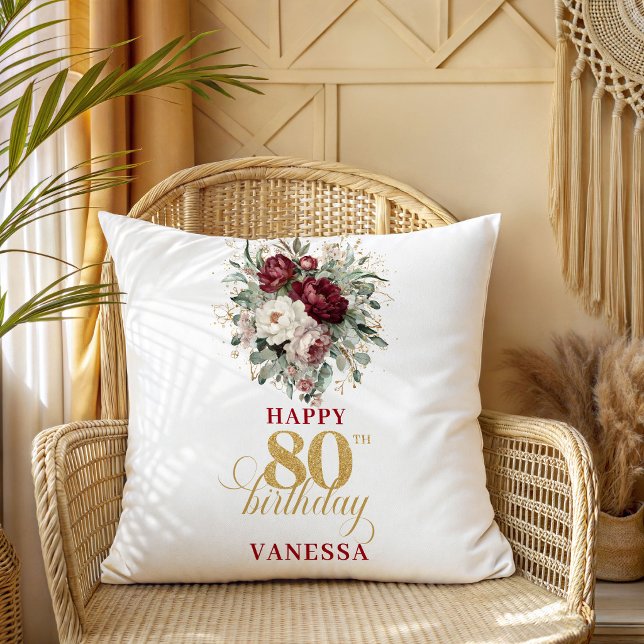 Rustic Blush Burgundy 80ste Verjaardag Naam Kussen (Rustic Blush Burgundy 80th Birthday Name Pillow)
