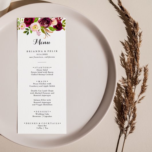 Rustic Blush Burgundy Floral Calligraphy Dinner Menu