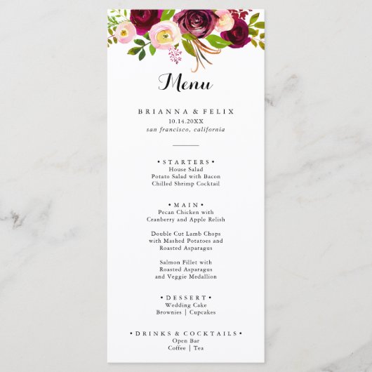 Rustic Blush Burgundy Floral Calligraphy Dinner Menu (Voorkant)