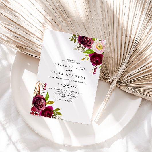 Rustic Blush Burgundy Floral Casual huwelijk Kaart