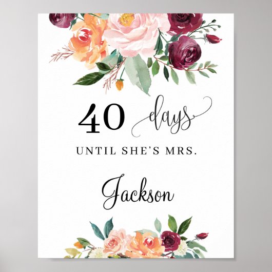 Rustic blush burgundy floral countdown sign poster (Voorkant)