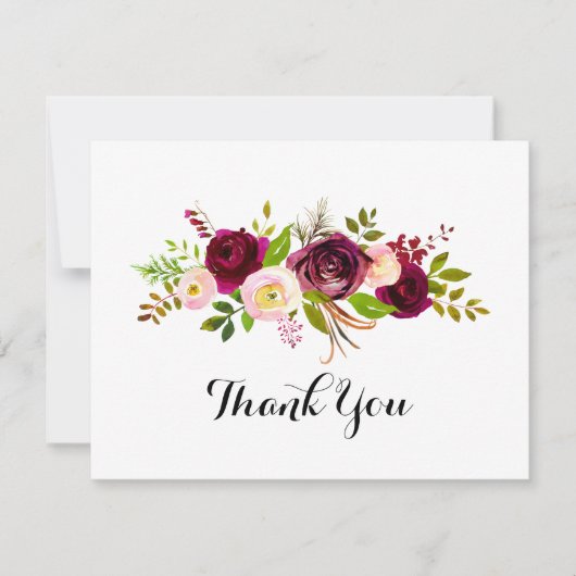 Rustic Blush Burgundy Floral Flat Wedding Bedankkaart (Voorkant)