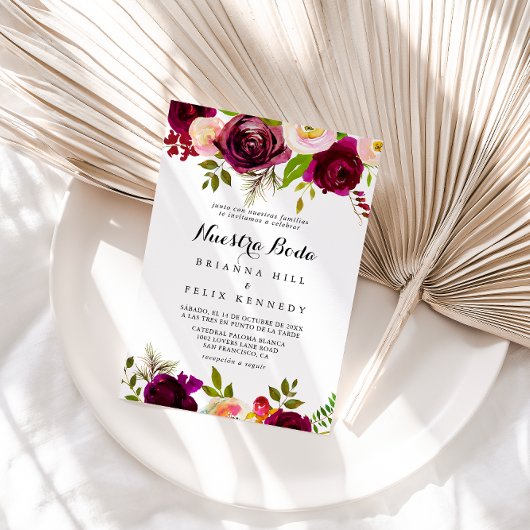 Rustic Blush Burgundy Floral Nuestra Boda Wedding Kaart