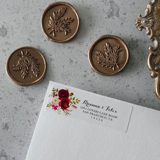 Rustic Blush Burgundy Floral Return Address Etiket