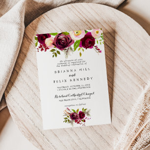 Rustic Blush Burgundy Floral Traditional Wedding Kaart