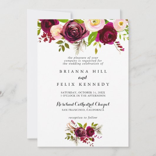 Rustic Blush Burgundy Floral Traditional Wedding Kaart (Voorkant)