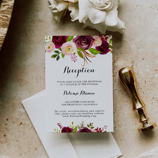 Rustic Blush Burgundy Floral Wedding Reception Informatiekaartje